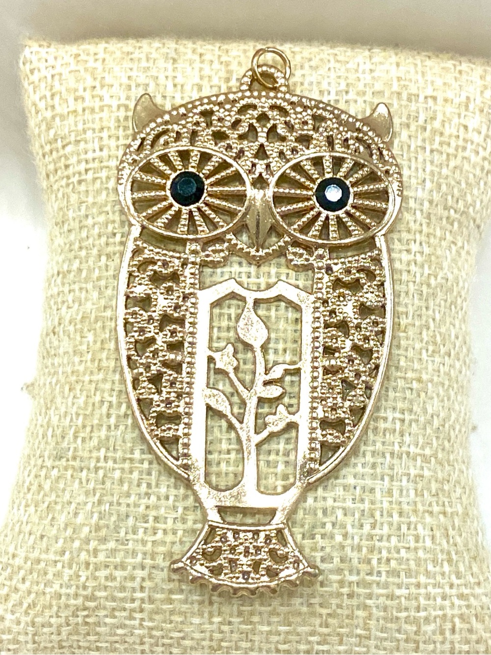 Gold-Tone Filigree Owl Pendant Necklace with Black Accent Eyes